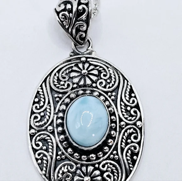 Ornate Genuine Larimar Necklace Rhodium over Sterling Silver! - Picture 6 of 9